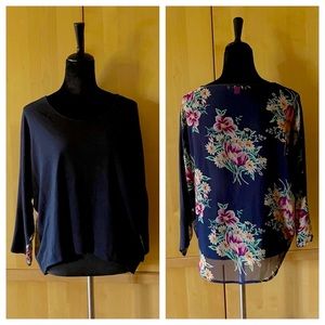 Betsey Johnson crop navy top in solid and sheer floral pattern - size small